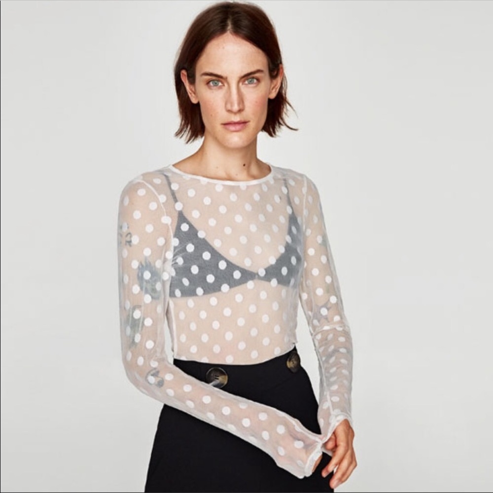Zara Mesh White Polka Dot Top